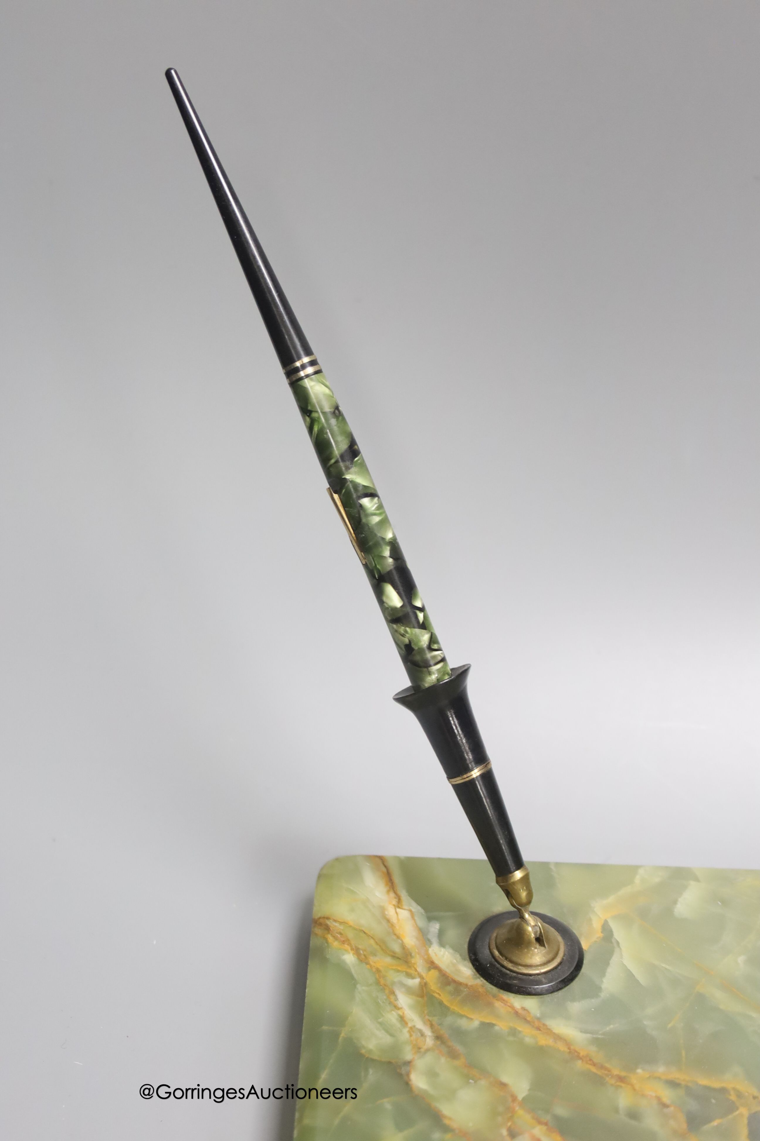 A Watermans 1920s two pen green onyx desk plinth, wide 26cm